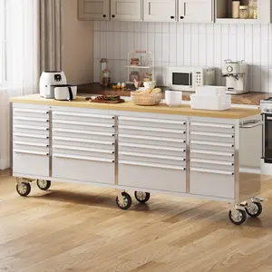 Rolling Tool Chest with Power Strip & Rubber Wood Top - 96 Inch Garage Workbench, Drawer Storage Cabinet Tool Box, Mobile Workstation