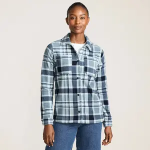 Lands' End Women's Print Anyweather Fleece Shirt Jacket - Small - Soft Ice Blue/Navy Plaid
