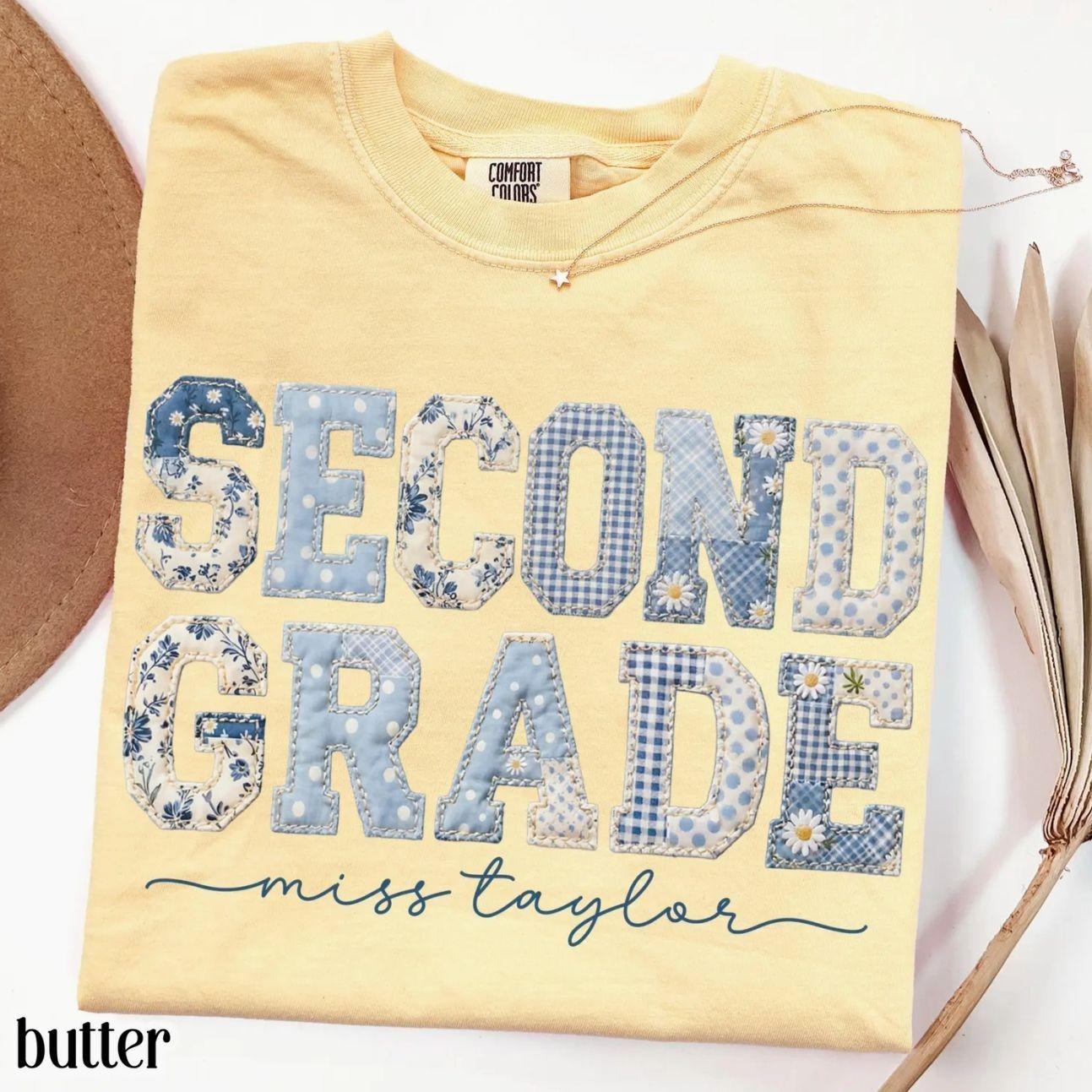 Custom Name Second Grade Teacher Shirt 2nd Grade Matching Group T-Shirt Floral Blue Faux Patchwork Educator Back to School S9V