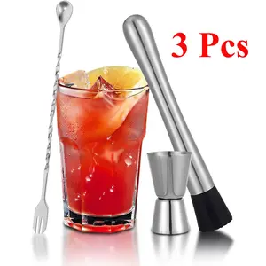 3 Pcs Muddler for Cocktails, 10'' Cocktail Muddler for Cocktails with Cocktail Spoon Long Handle and Jigger 0.5/1 OZ, Bar Accessories Tools for Mojitos Fruit Drinks