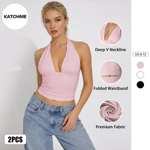KatchMe Chic Women's Casual Solid Color Deep V Neckline Stretch Halter Top, Summer Versatile Soft Backless Womenswear, Elegant Daily Outfit