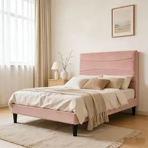 Garvee Soft Upholstered Twin XL Bed Frame with Modern Headboard, Sturdy Steel Slats, Noise-Free Design, Easy Assembly, and Spacious Underbed Storage in Pink Soft Bag