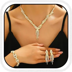 Rhinestones Prom Bridal  Set Sparkly Wedding Necklace Earrings Bracelet Sets for Women and Brides