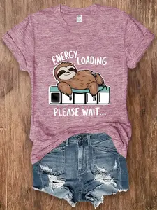 Women's Summer Short-Sleeve Crew-Neck T-Shirt, "ENERGY LOADING PLEASE WAIT..." Cute Sloth Print in Pink, Blue, Green, Purple, and Dark Green—a festive, casual, Everyday shirt perfect for vacations, outings, and parties. Makes a great holiday gift