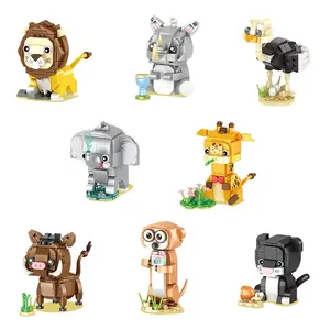 African Wildlife Theme Abs Building Blocks, Zoo Animal Models, Elephant Rhino Giraffe Leopard Ostrich Meerkat Lion Boar Forest DIY Toys