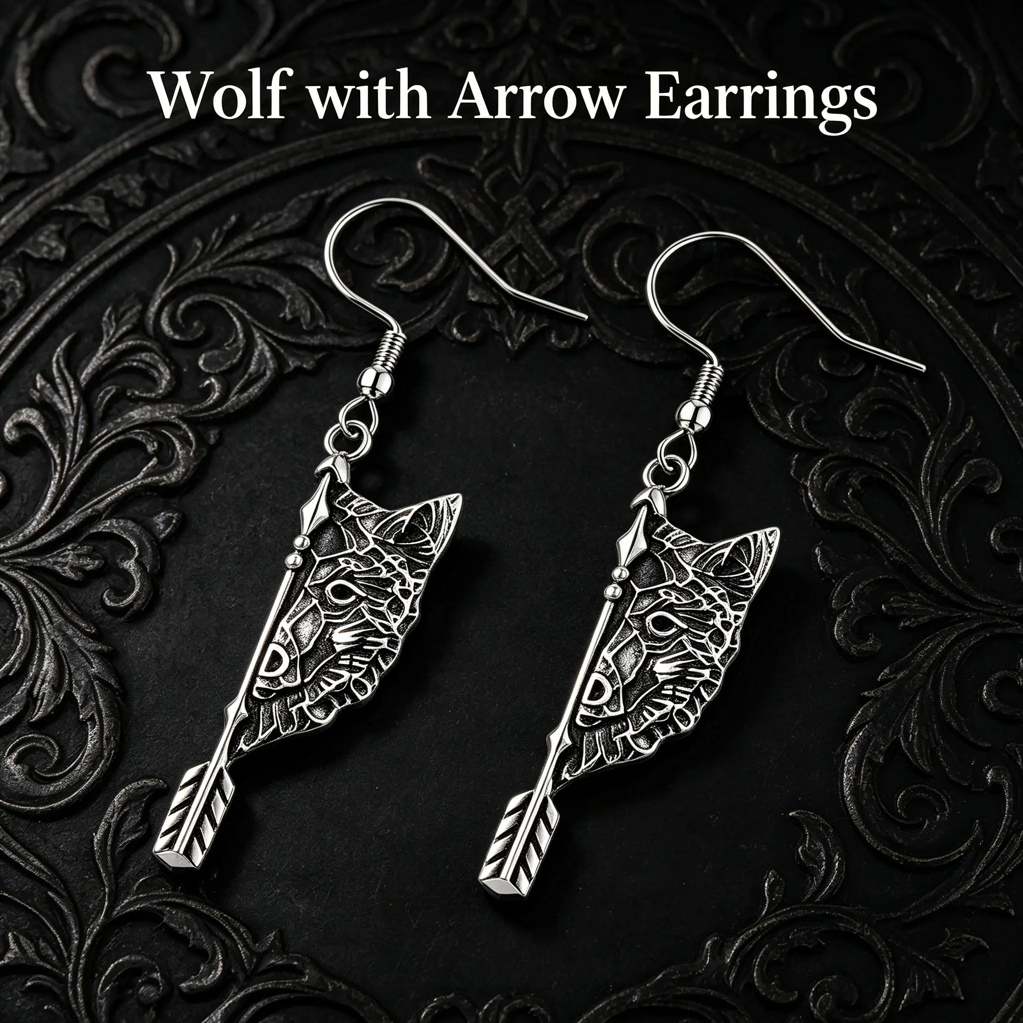 Wolf Head Dangle Earrings for Men, Edgy Viking Gothic Zinc Alloy Arrow Jewelry, Symbolic Animal Statement Piece for Daily Wear, Viking Earrings, Edgy Earrings