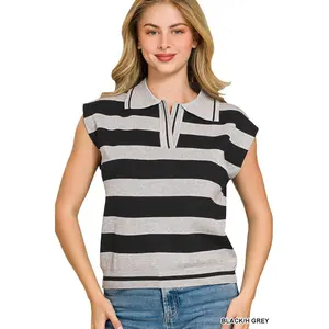 Zenana Viscose Striped Collared Sweater Vest