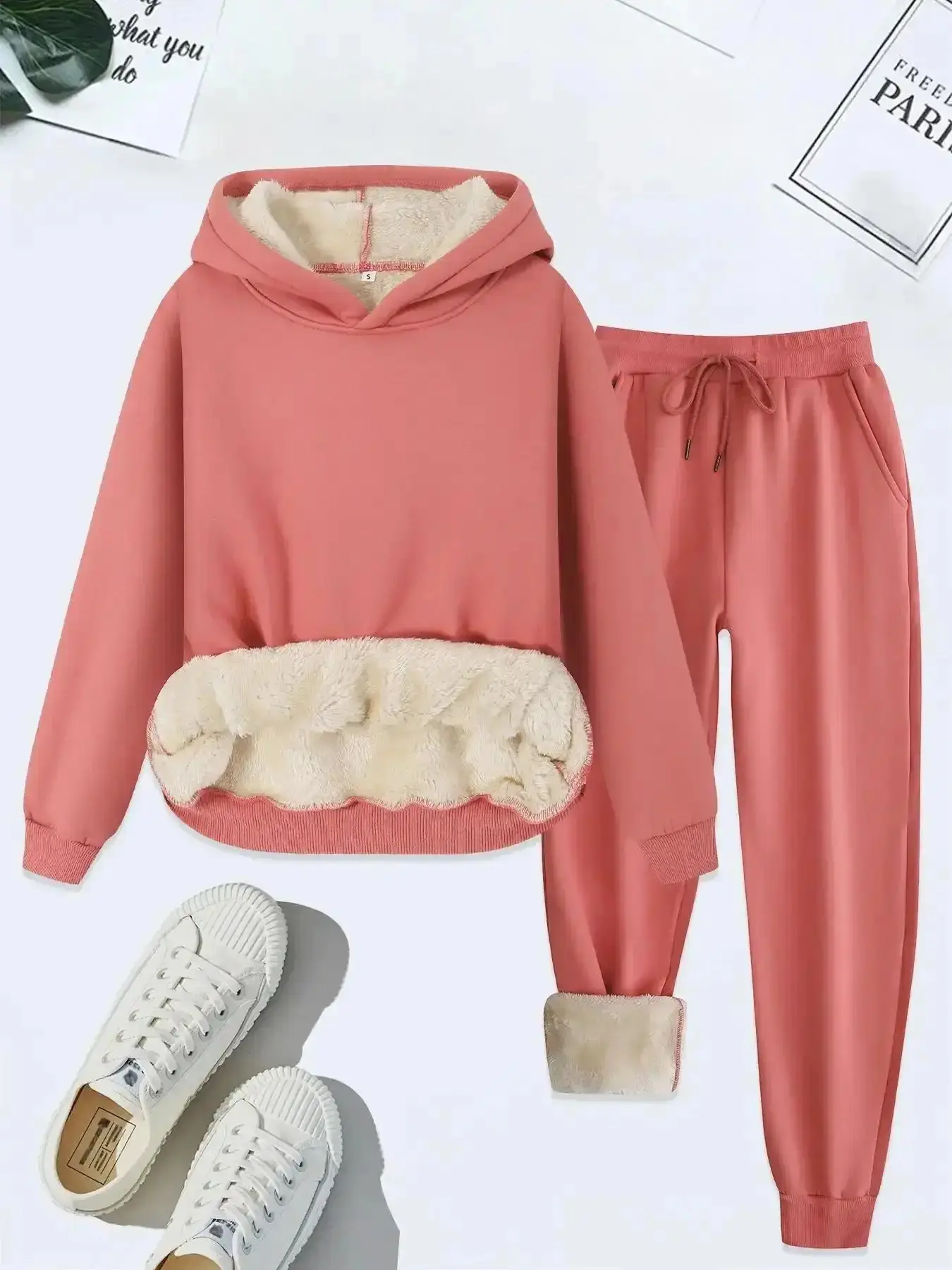 Women's Thermal Lined Solid Color Hoodie & Drawstring Waist Pants Two-Piece Set, Cozy Lounge Casual Basic Long Sleeve Hooded Sweatshirt Pocket Trousers for Fall Winter, Clothes Daily Wear, Womenswear luxe feel dressed