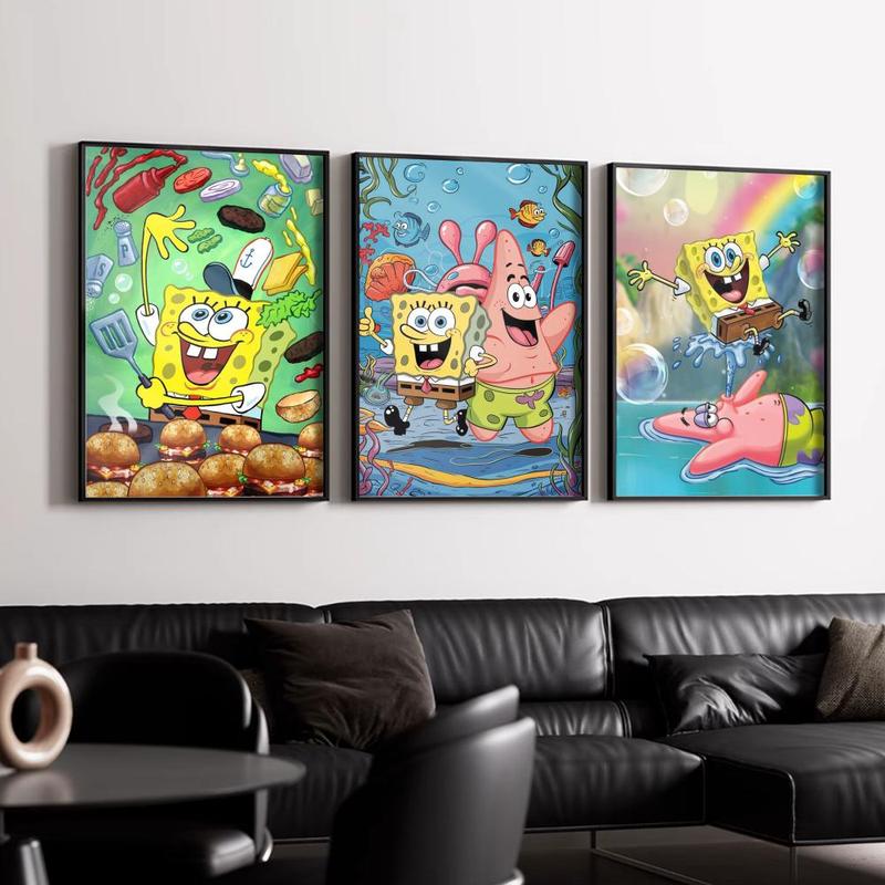 Cartoon S-SpongeBob S-SquarePants Poster Waterproof HD Wall Sticker | Self-Adhesive Decorative Art Poster | Fade-Resistant Scratch-Proof for Long-Term Use | Easy to Apply and Clean | for Home Office Bedroom Living Room Kitchen Decor | Gift Idea