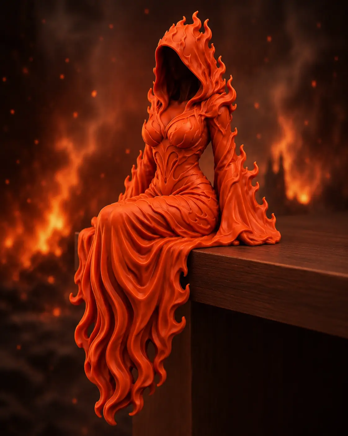3D Printed Fire Element Edge Sitter Statue, Hooded Flame Lady Home Decor, Gothic Bookshelf & Desk Edge Accent Figurine