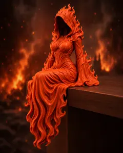 3D Printed Fire Element Edge Sitter Statue, Hooded Flame Lady Home Decor, Gothic Bookshelf & Desk Edge Accent Figurine