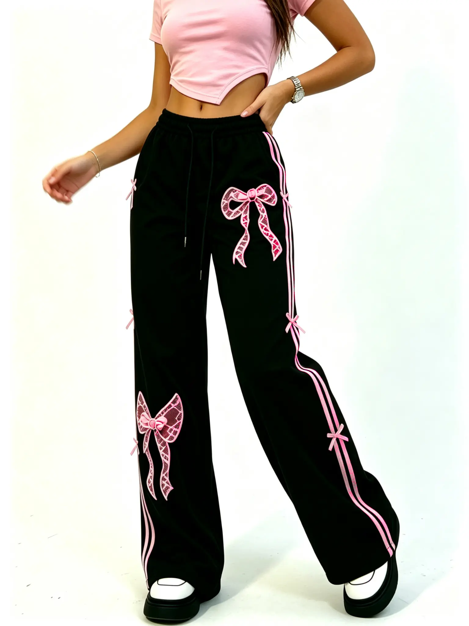 Women’s black-and-pink color-blocked lace-embroidered wide-leg sweatpants with bow detail, elastic waistband with drawstring, side stripes, loose fit, sweet-cool style, casual athletic sweatpants