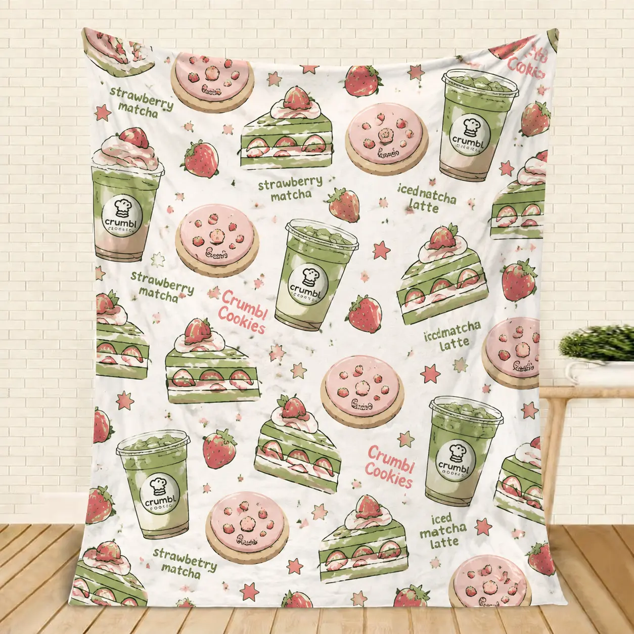 Crumbl Cookies Strawberry Matcha Dessert Collage Flannel Blanket, Cute Pastel Foodie Cozy Throw for Matcha & Crumbl Enthusiasts summerwins,summerwins cooling
