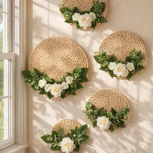 Boho Woven Wall Decor, Handmade Round Hanging Plate, Realistic Flower Decoration, Home Atmosphere Enhancer, Cure-Healing Soft Furnishing Item