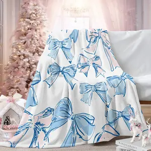 Blue Pink Bow Flannel Fleece Throw Blanket, Lightweight Coquette Aesthetic Blanket for Summer Air Conditioner Room, Watercolor Ribbon Print Soft Cozy Blanket for Girls Bedroom Sofa Dorm