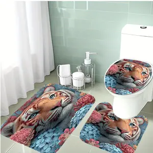 3-Piece Tiger Pattern Bath Mat Set, Blue & Floral Design, Soft Flannel Material, Non-Slip Bathroom Rug, Holiday Decoration