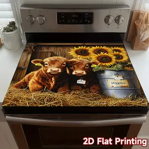 Diatom Mud Highland Calves with Sunflowers 2D Stove Top Cover, Heat Resistant Scratch Proof Protector, Easy Clean Multi-Use Mat for Stoves, Oven, Washer Dryer, Farmhouse Kitchen Decor #DiatomMud #HighlandCalves #SunflowerDecor #FarmhouseKitchen