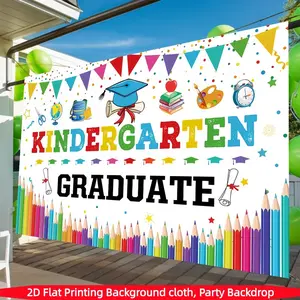 2D flat 1 piece kindergarten graduation banner background, multifunctional polyester fiber decorative background cloth, cartoon color with pencil design graduation party decoration banner, no electricity required, suitable for school celebrations party