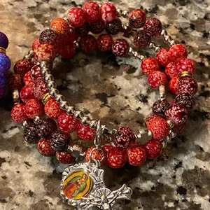 Rosary Bangle with Vibrant Red Beads and Religious Charm for Spiritual Jewelry Collection