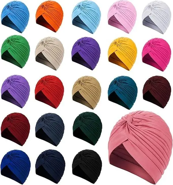 22PCS Pleated Knotted Turban Cap, High Elastic Stretchy Ribbed Head Scarf, Fashion Modest Head Cover for Muslim Women, Beach Holiday, Spa Shower, Hair Protection Night Sleep Hat