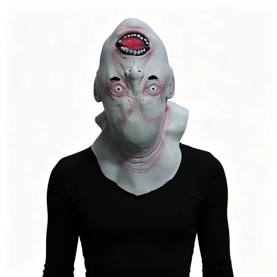 Edgy Upside-Down Mouth Mutant Latex Costume Mask with Integrated Neck, Bald Horror Mask for Halloween, Haunted House Jump Scare Accessories, Festive Room Prop