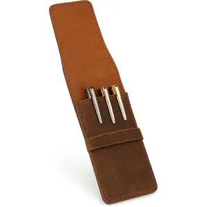 The Antiq Leather Pen Holder, Genuine 3 Pen Case with Tuck-in Flap, Brown Leather Case for Fountain, Ballpoint & Rollerball Pens, Travel Organizer, Luxury Executive Pen Storage Sleeve (3 Pen, Brown)