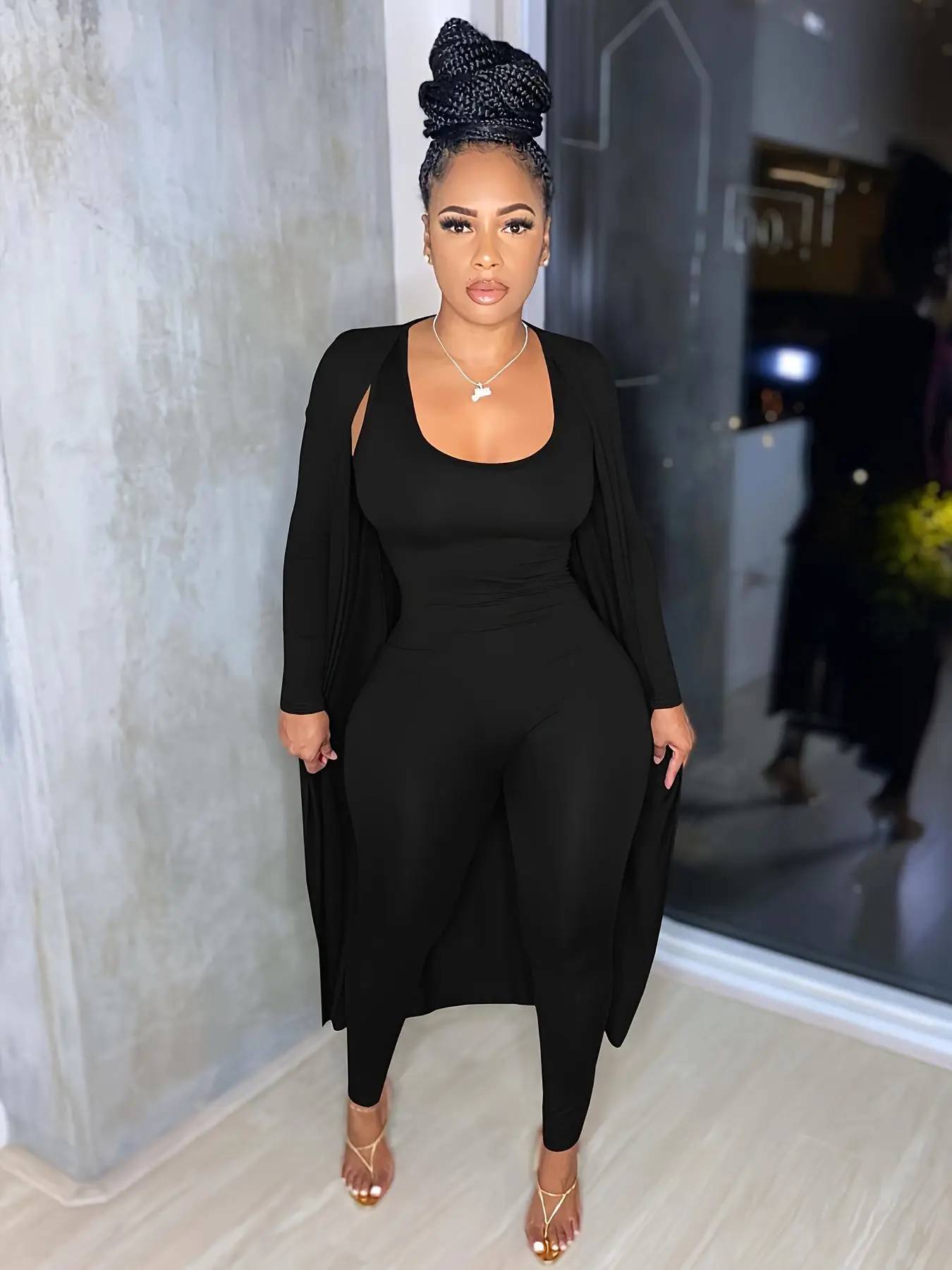 Women's Solid Scoop Neck Jumpsuit & Long Sleeve Open Front Outerwear Two Piece Set, Casual Skinny Jumpsuit & Longline Outerwear for Spring, Vacation S