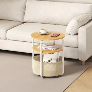Iron and MDF Round Side Table with Fabric Storage Basket, 40CM End Table,  Modern Sofa Table Nightstand for Living Room Small Space