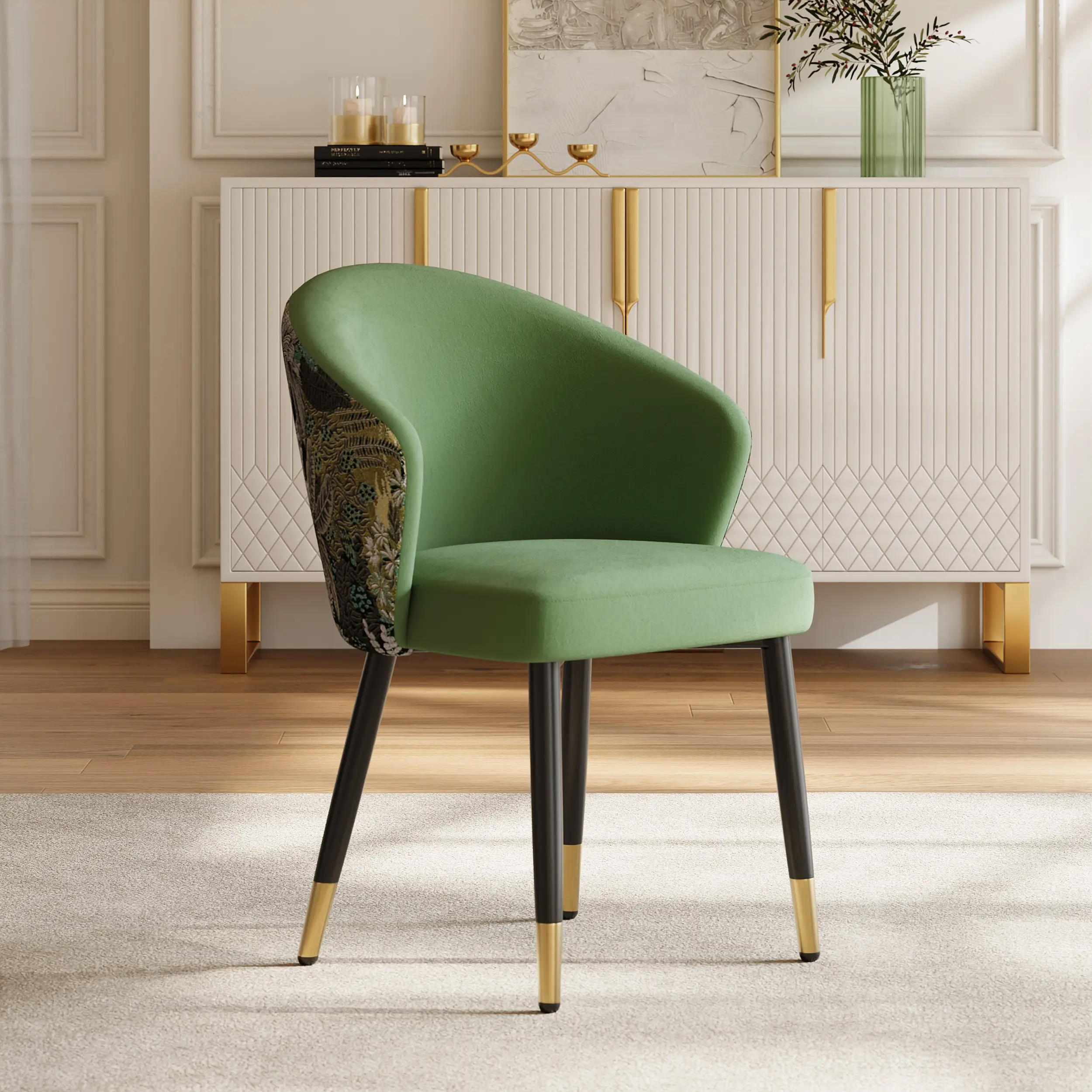 Homary Arcora Green Velvet Upholstered Cushioned Dining Chair - 1 Piece, Gold Decorative Details, Light and Compact Indoor Furniture, Cushioned Dining Chairs, Gold Decorative Details Dining Chairs