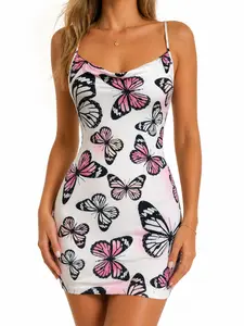 Women's Spring Summer Butterfly Print Mini Dress, Slim Fit Halter Neck Strapless Party Date Vacation Short Skirt