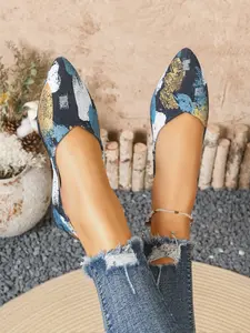 Oil Painting Print Pointed Toe Single Shoe for Women, Low Heel Flat Shoes, Vintage Commuter Style, Elegant and Chic Footwear