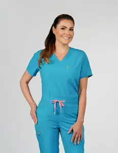 Rose One-Pocket Womens Caribbean Blue Scrub Top