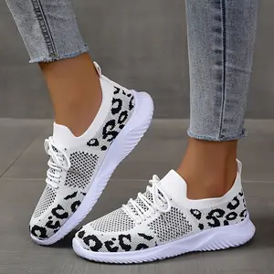 White Shoes Women Leopard Print Lace-up Sneakers Sports Casual Net Cloth Round Toe Medium Heel Comfortable Breathable Rubber Sole