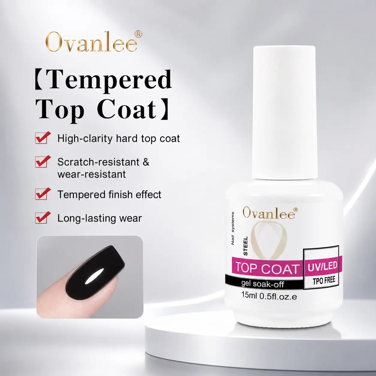 Ovanlee UV/LED Soak-Off Steel Top Coat Nail Polish, 15ml Durable Nail Art Manicure Product, Cure Under Light, Scratch-Resistant High Gloss Smooth Hard Finish