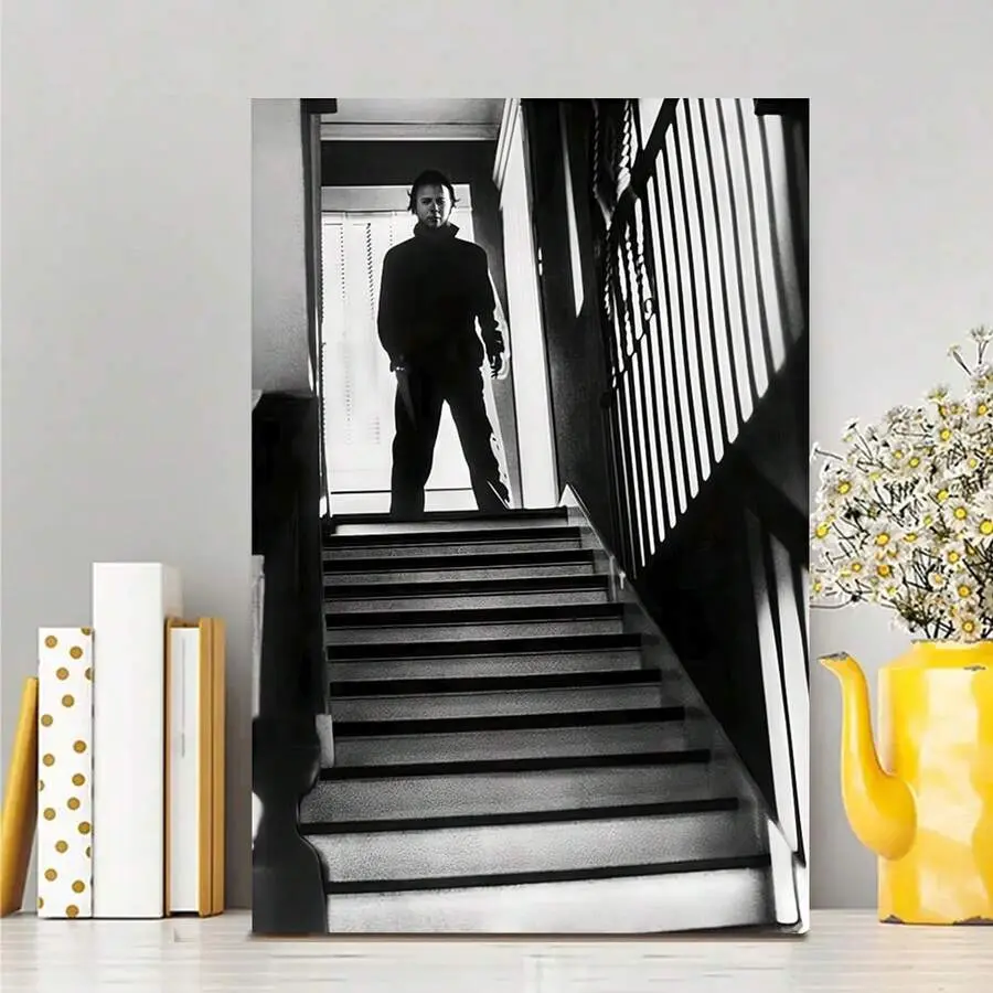 Michael Myers Halloween Horror Canvas Poster Print - Lightweight Scratch-Resist Wood-Framed/Unframed Black and White Spooky Movie Art, Gothic Halloween Decorations, Kid Room Wall/Wardrobe Accent, 12×18 in/16×24 in (40×60cm) Home Gift, Pine Wood, Multi-Siz