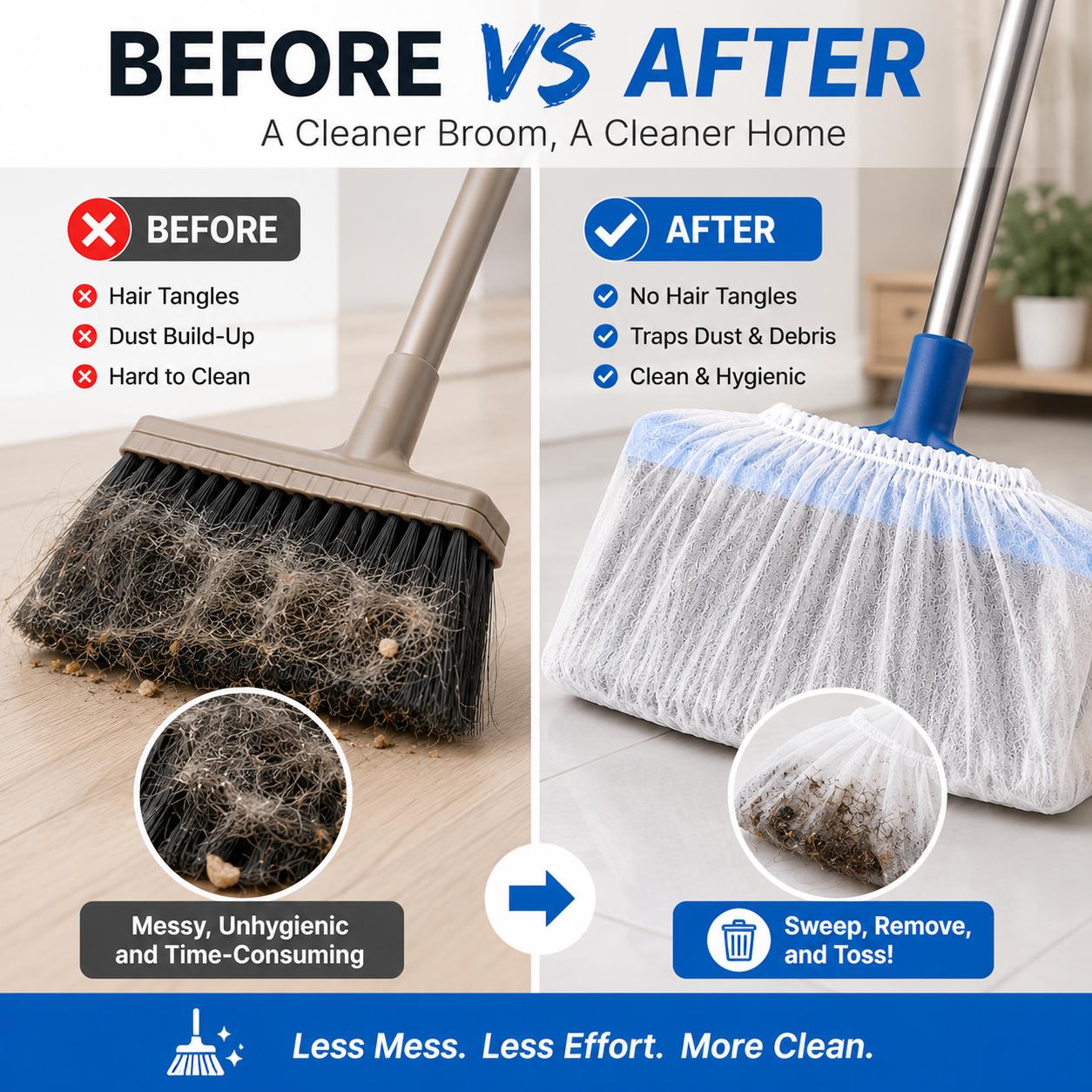 Four steps showing how to stretch install use and dispose of a broom cover