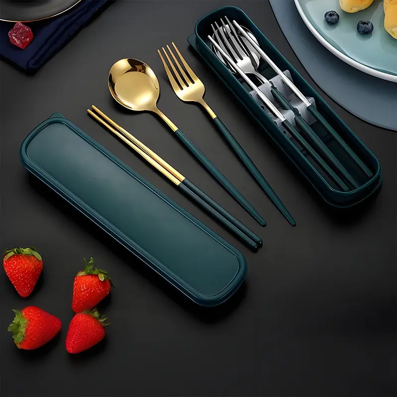 Portable Stainless Steel Tableware Kit Contains Chopsticks Fork Spoon Compact Carry Design Durable For Picnic And Homemade Bento