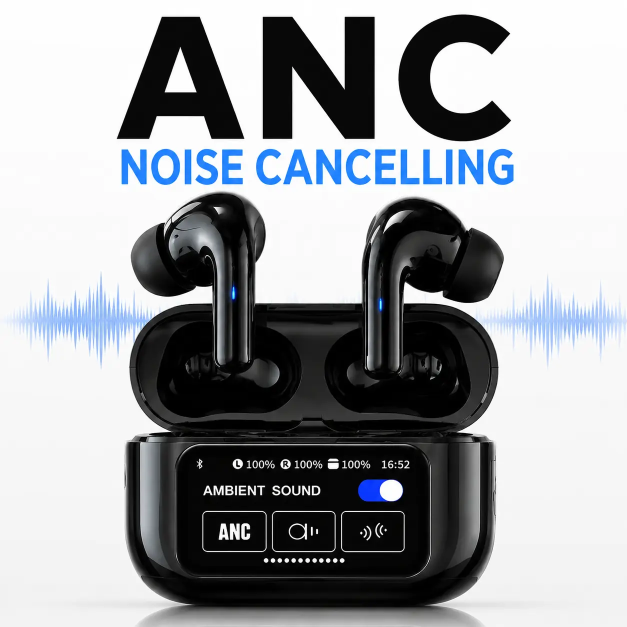 ANC Wireless Earbuds with Smart Touch Screen Case | Bluetooth 6.0 Noise Cancelling Earbuds for Work, Workout & Travel | Low Latency HiFi Bass heavy bass noise