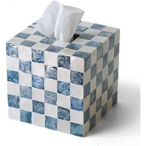 5.7" Square Tissue Box Cover, Handmade Checkered Cube Tissue Box Cover with Capiz Shells, Decorative Tissue Holder for Living Room, Bathroom, Bedroom or Office (Navy