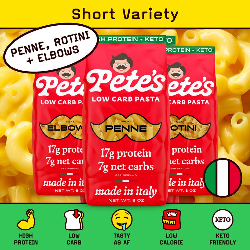 Pete's High Protein, Low Carb Pasta - Variety Penne, Rotini, Elbow Macaroni