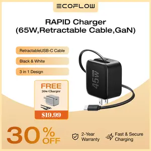 EF ECOFLOW 45W USB C Charger with Retractable Cable, 3-in-1 GaN Phone Charger with Type C Cable, 2-Port Fast Charger Compatible with iPhone 16 Pro Max, iPad Pro/Air, Galaxy S25, Steam Deck (White)