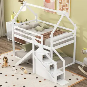 House Bunk Beds with Slide and Stairs, Wood Bunk Bed Twin Over Twin with Storage, Bunk Bed with Roof,Twin Bunk Beds