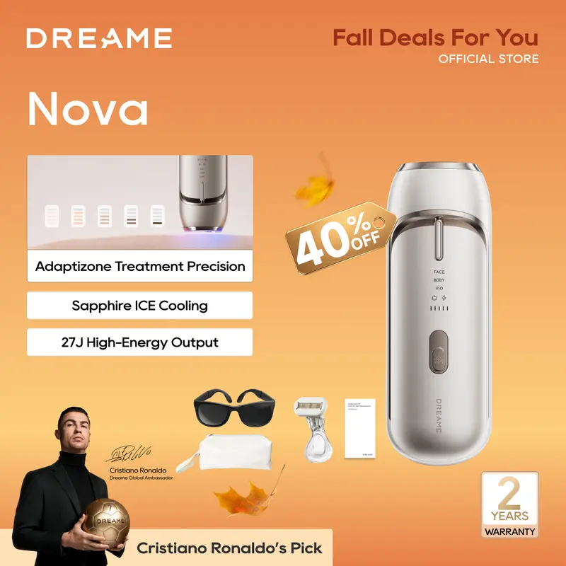 Dreame Nova Single Item Body Hair Removal Device - Dual-Lamp 27J High-Energy Output, Sapphire ICE Cooling, 3.9cm² Window, 0.2s Flash, Adaptizone AI Detection, Photon Skincare, Silicone-Infused, Women's Bikini & Full-Body Use (Up to 96% Reduction)