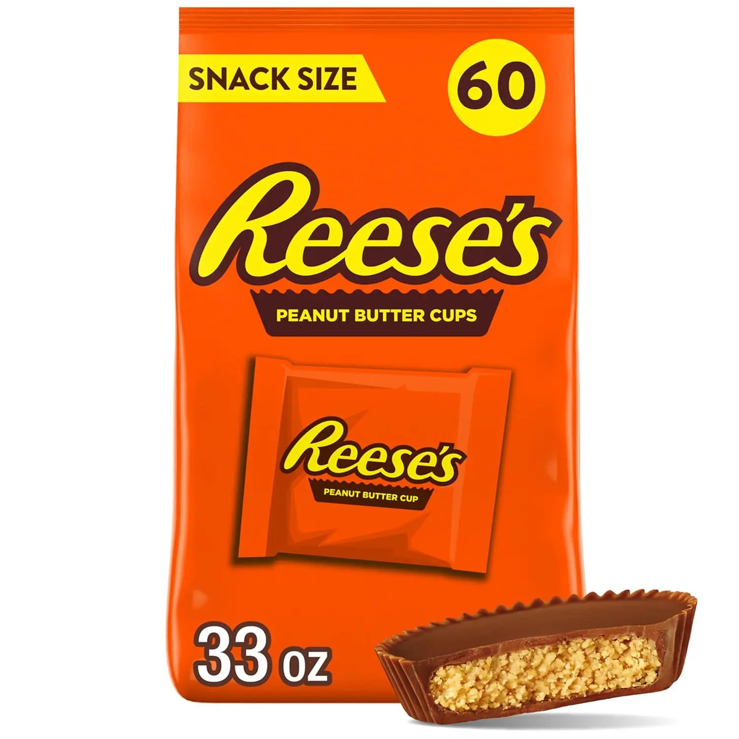 Milk Chocolate Snack Size Peanut Butter Cups, Candy Bag, 33 oz (60 Pieces)