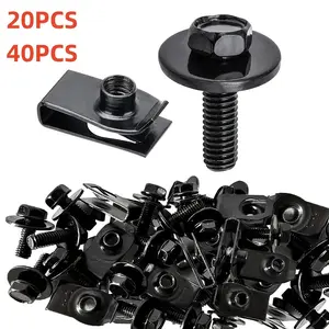 20/40pcs M6-1.0 Car Body Bolt and U Nut Kit, Body Screw, Rustproof Metal Push-Pull Fixed Bracket, Universal Fit for Most Cars, Steel, Automotive Accessories, Replacement