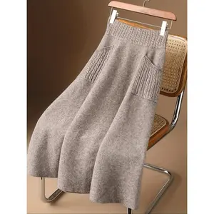 Women'sSolidColorCableKnitSweaterSkirt,CasualHighWaistA-lineKnitSkirtforFall&Winter,Women'sKnitwearforDailyWear