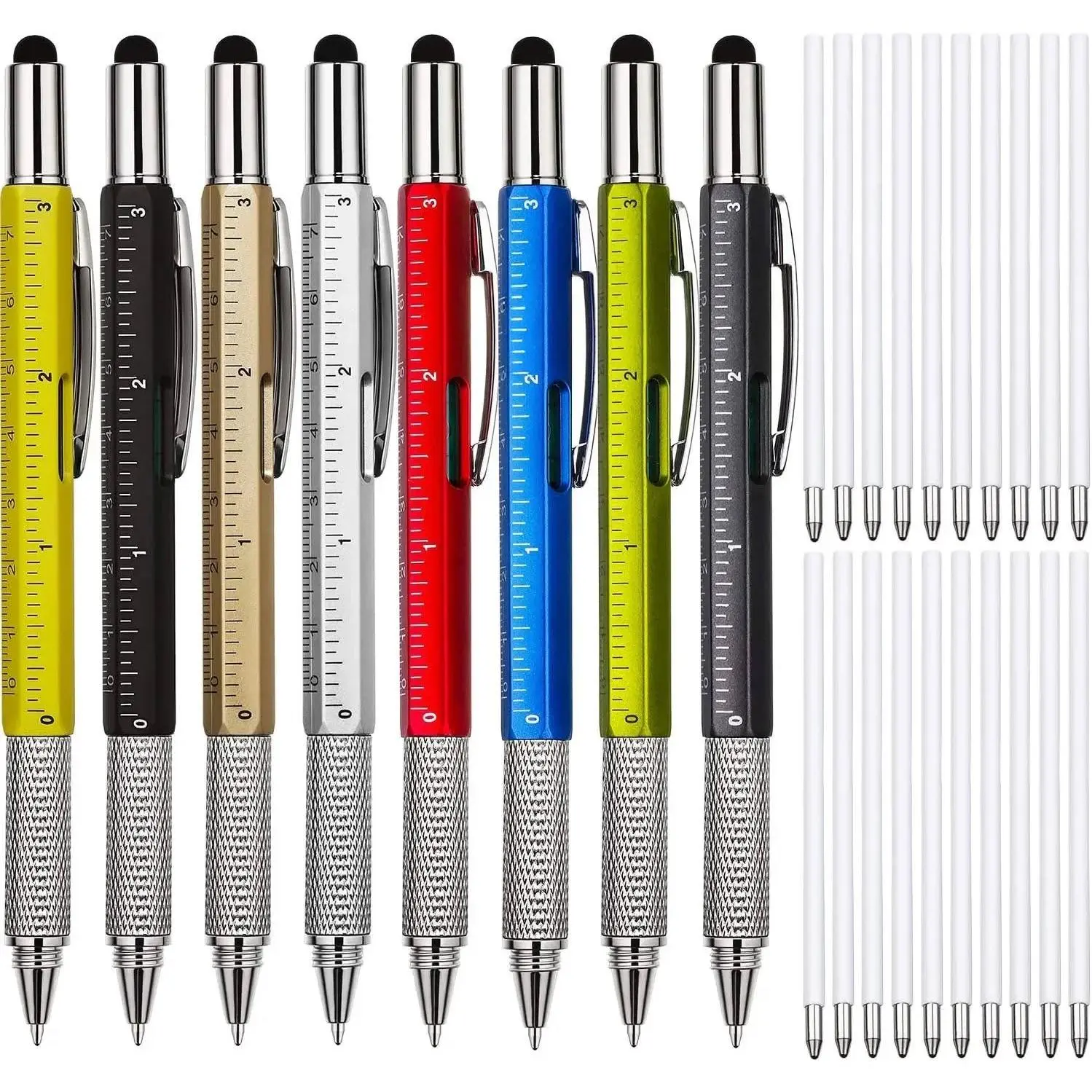 8 Pcs Gift Pen for Men 6 in 1 Multitool Pen with Ruler Level Refills Screwdriver Stylus Christmas Stocking Stuffers Gift for Men Dad Husband Adults Birthday Present(Multiple Colors)
