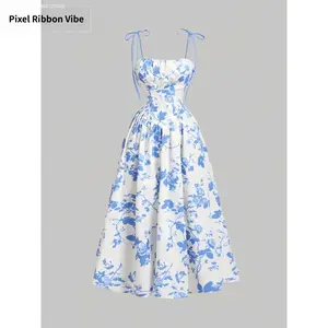 2026 French retro floral print elegant and sophisticated waist-cinching strap dress for women