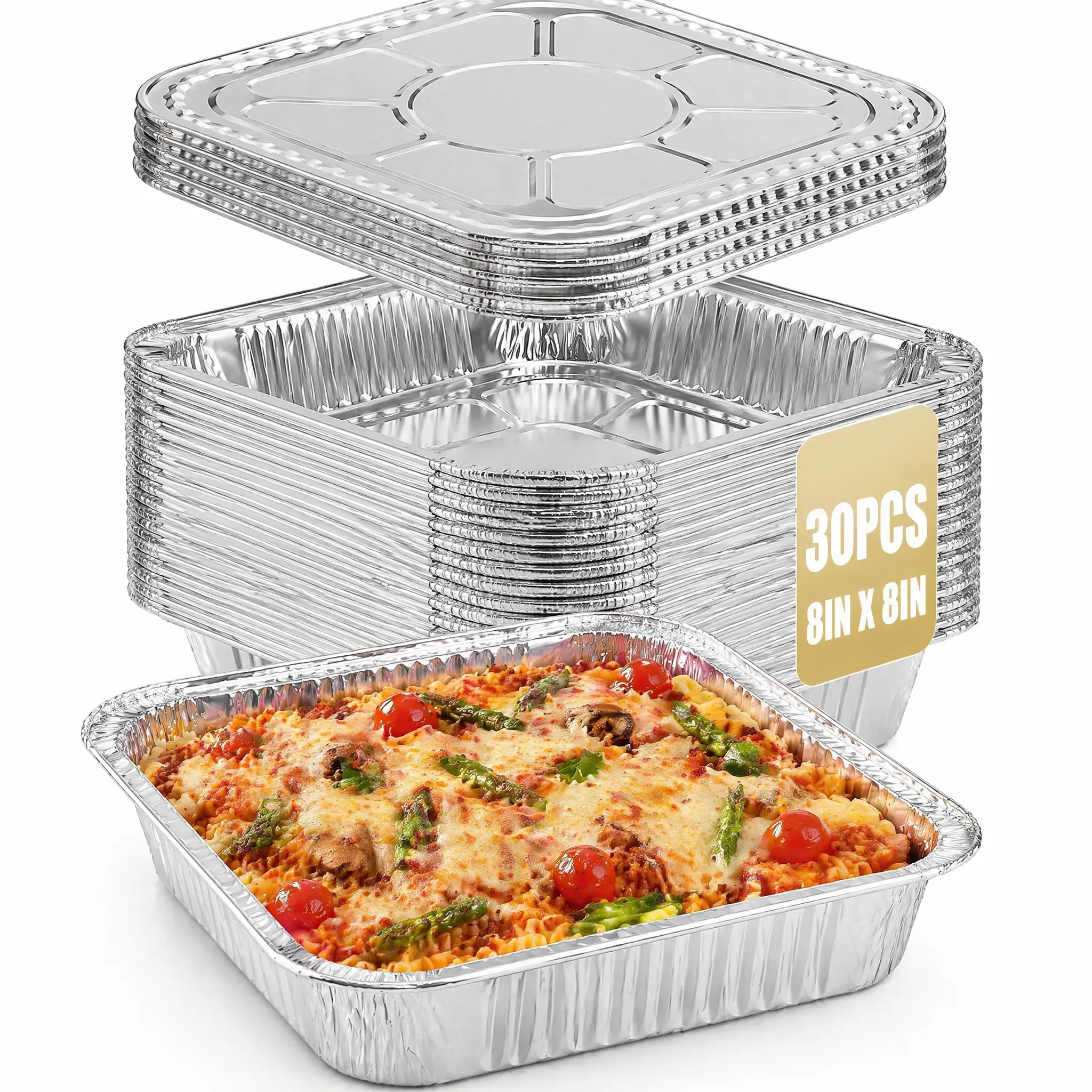 8x8 Disposable Aluminum Pans With Lids - 30 Pack Foil Pans For Cooking, Baking Cakes, Roasting & Homemade Breads - Disposable Food Containers With Foil Lids