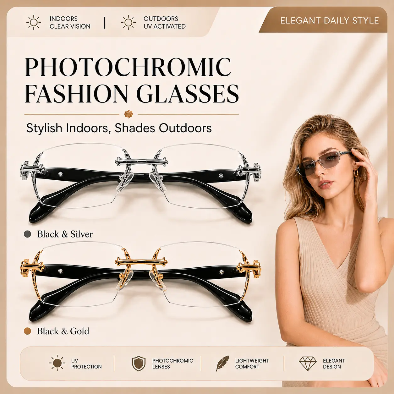 Unisex Lightweight Sunglasses - Metal Temple, Rimless, Photochromic, Non-Prescription, UV400 UV Blocking Eyewear, Blue Light Blocking, Diamond-Cut Edges Frames, Trendy Shades for Daily Wear, Street Style Outfits, Men's Accessories, Metal Temples, Frameles